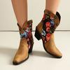 2024 New Cowboy Western Boots Women's Rivets Ankle Boots Chunky Heels Shoes Retro Patchwork Print Floral PU Footwear