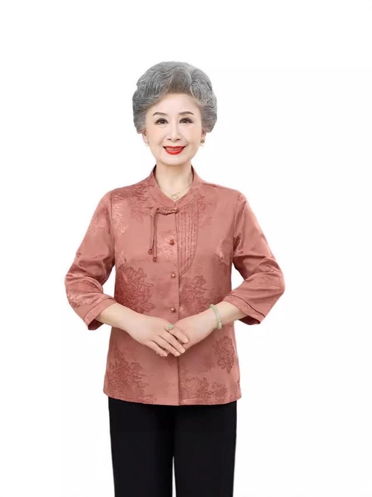 Elegant Silk Seven-Sleeve Summer Shirt for Moms: Chic Chinese Style for Middle-Aged and Elderly Women