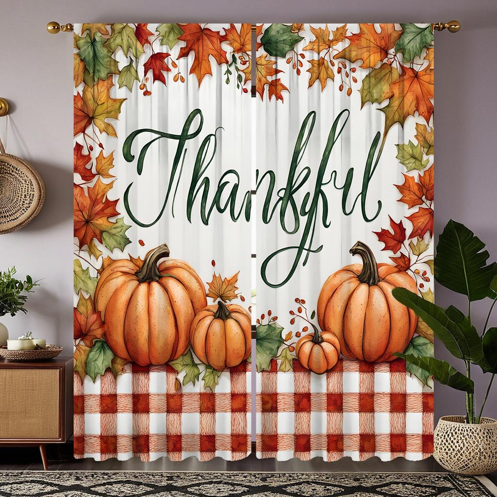 2pcs HD Autumn Thanksgiving Pumpkin Harvest Maple Leaf Decorative Curtain Red Tie Digital Printed Curtain Home Decoration Sty