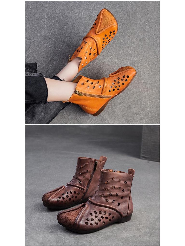 Shanghai Jiezhou 2024 Sandales Bottes Hautes Découpes Rétro en Cuir de Vachette - Chaussures Décontractées Confortables Polyvalentes pour Femmes
