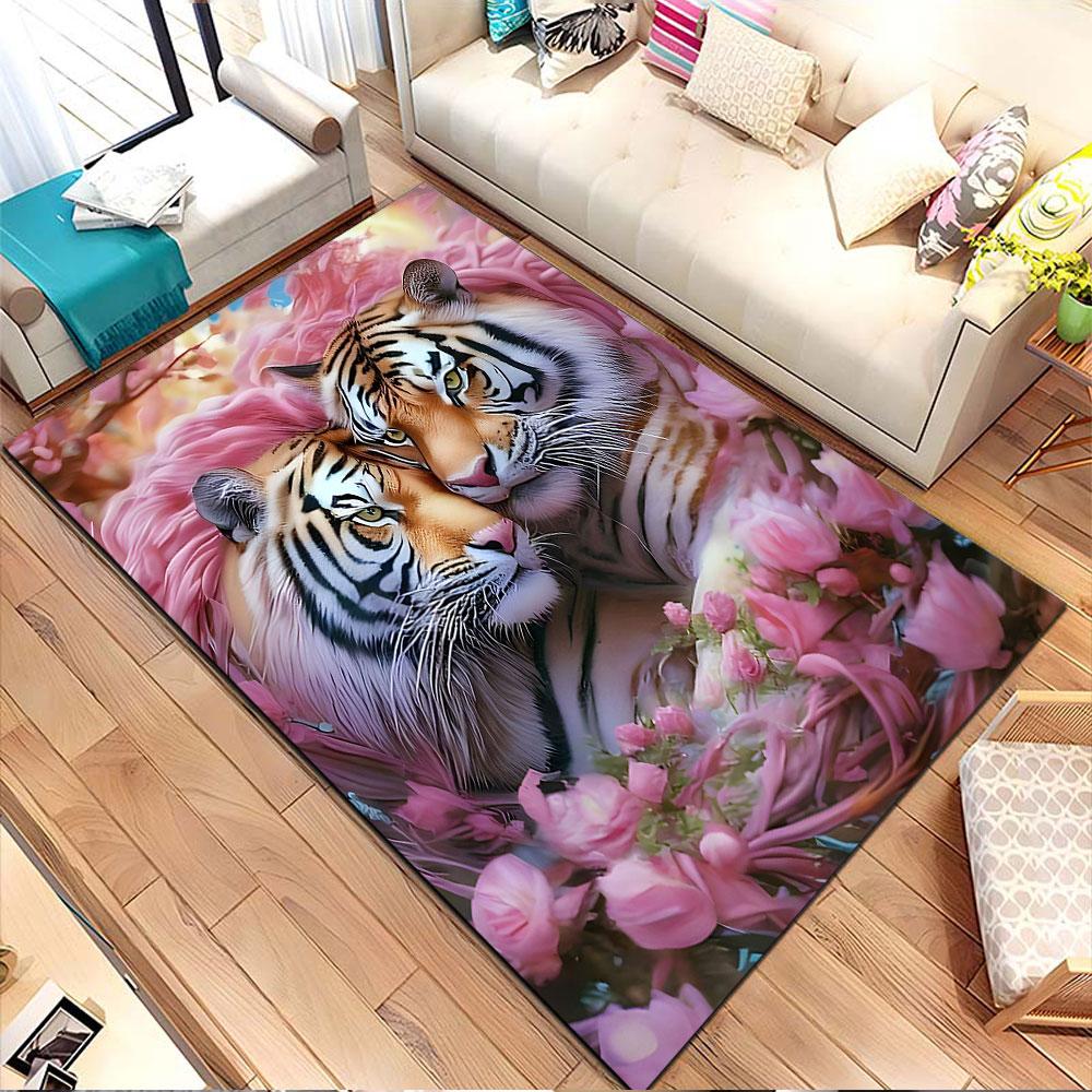 "Romantic Tigers with Pink Blossoms" Patterned Carpet, Non Slip Mat Suitable for Living Room and Bedroom Sofas