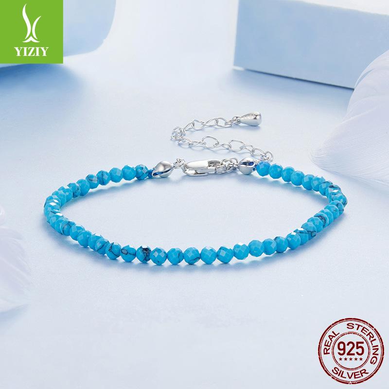 Blue Turquoise Bracelet Women'S, French Premium Sense Simple Diy Beaded Bracelet 925 Sterling Silver