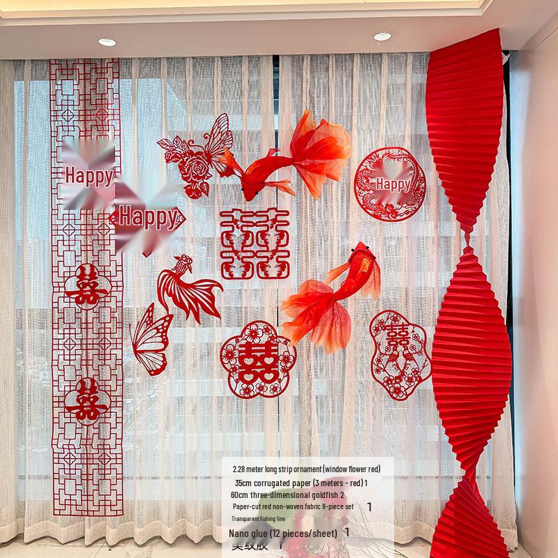 Double Happiness Wedding Room Decor Set: Non-Woven Fabric Papercut for Bride and Groom's Bedroom or Hotel.