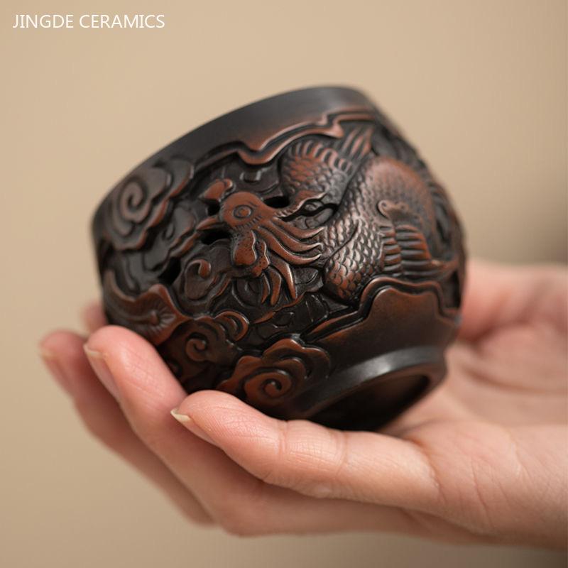 90ml Purple pottery vintage tea cup hand-carved ceramic master cup Traditional dragon phoenix single cup custom tea accessories