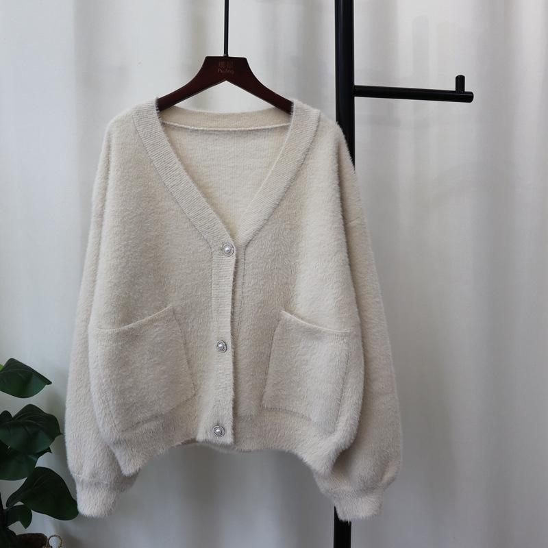 

Вязаный кардиган из искусственного норкового бархата, новый осенне-зимний, свободного кроя, однотонный, с карманами, повседневный, куртка-свитер для женщин one size fits all абрикосовый