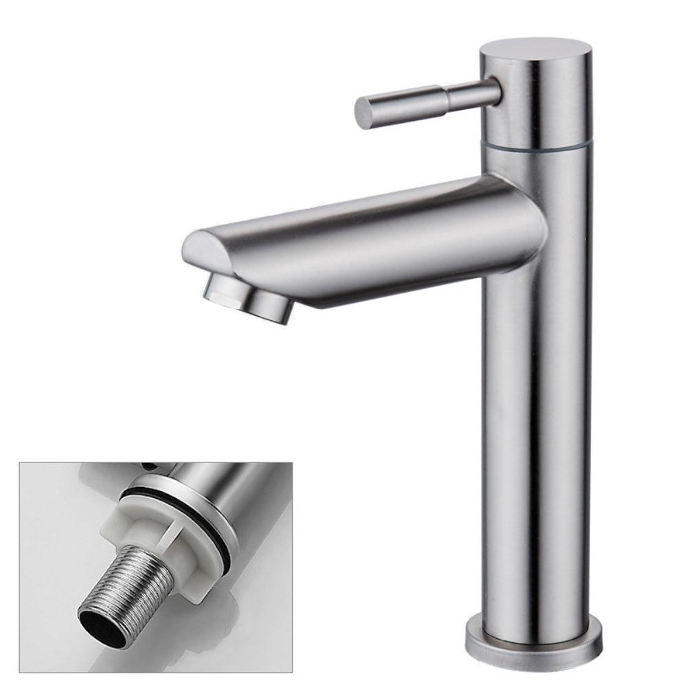 Basin Faucet 304 Stainless Steel Single Cold Water Tap Black Silver Color Deck Mounted Basin Sink Tap