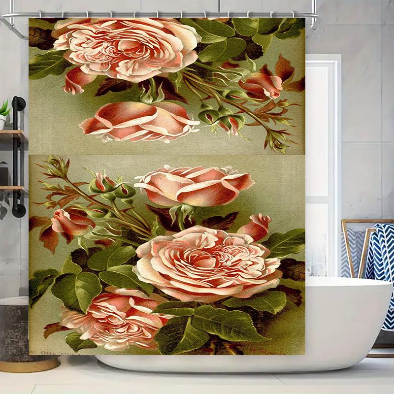 

Vintage Floral Shower Curtain Decor: Pink Roses Print Bath Mat Liner For Home Decoration 72 X 84 Inches W60H190(CM)-1 Pcs