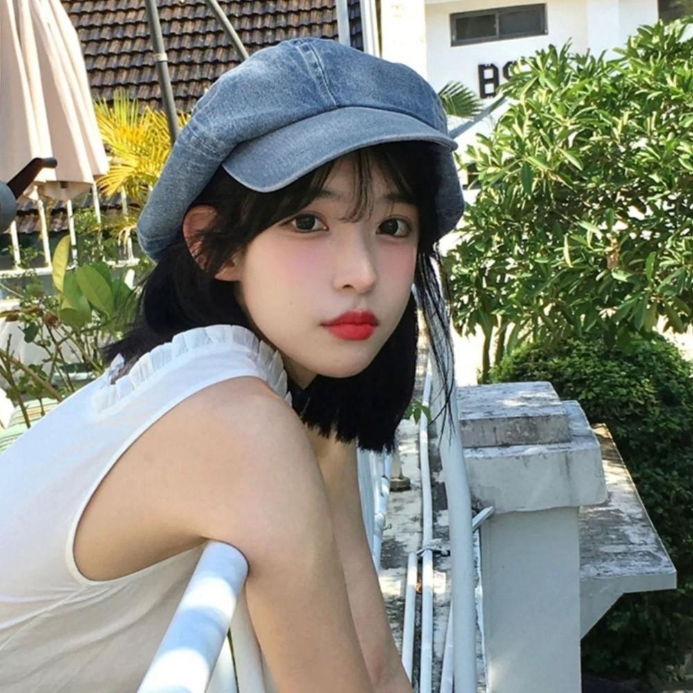 British Style Denim Octagonal Hat Washed Cloth Cloud Hat Retro Denim Beret  Autumn