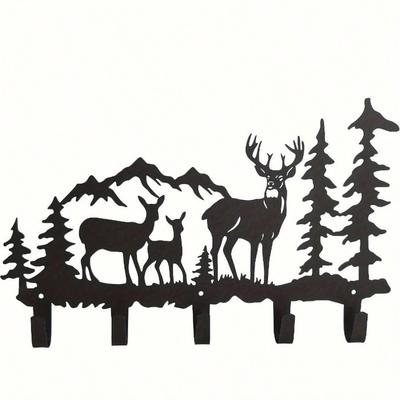 1 PC 5-Hook Rustic Deer-Shaped Metal Wall Storage Rack - Powder-Coated