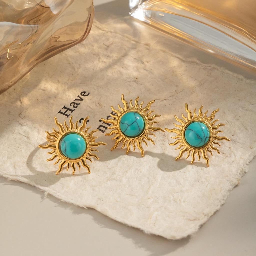 Xia Ling Retro Blue Cat's Eye Sun Stud Earrings & Open Ring, 18K Gold-Plated Stainless Steel, Non-Fading Jewelry
