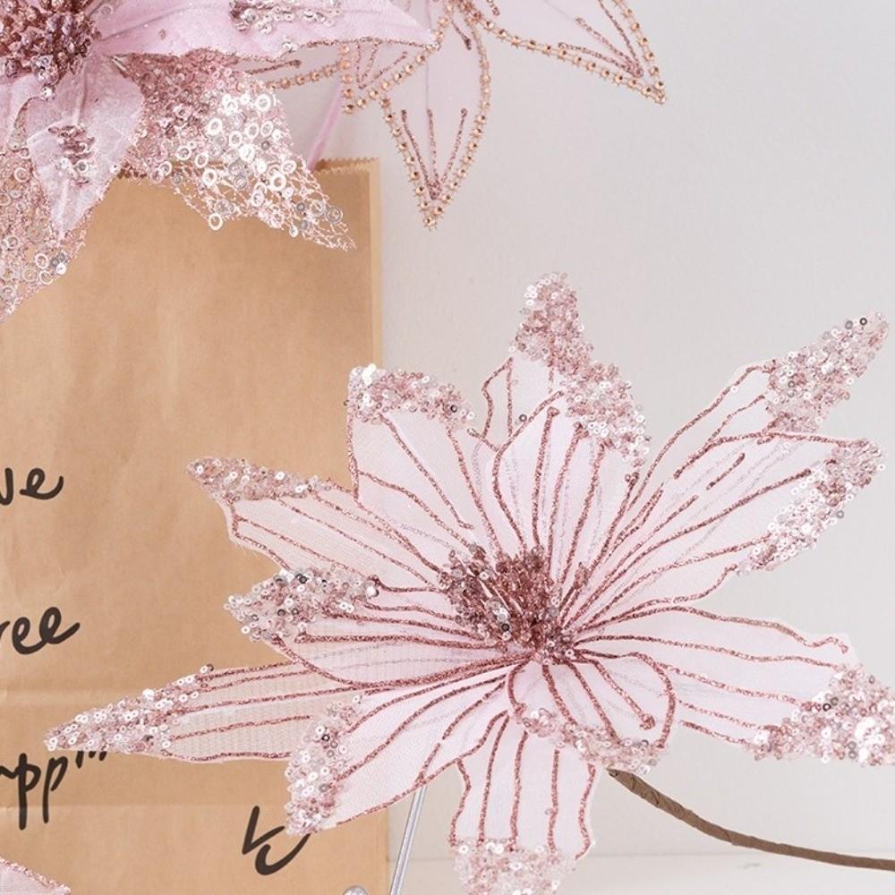 New Pink Artificial Poinsettia Flower Sequins Sparkling Christmas Glitter Flower Glitter Simulation Flowers Christmas Decoration