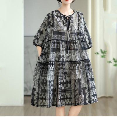 Kurzarm Plus Size Baumwolle Vintage Blumen Neu in Kleidern für Damen lässig locker Midi Sommerkleid