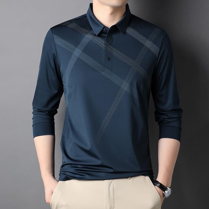 Herbst Neues Herren-T-Shirt Langarm Slim Koreanischer Stil Herren-T-Shirt für junge und mittelalte Männer Revers Gestreift Langarm Unterhemd für Männer