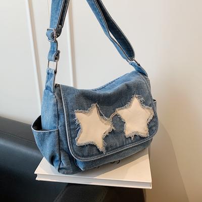 Bolso Bandolera para Mujer de Gran Capacidad con Estrella de Cinco Puntas de Tela Vaquera Bolso de Hombro para Estudiante Clase Viajero