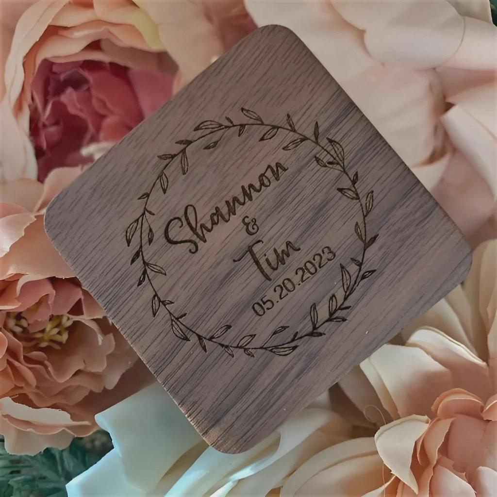 Walnut Solid Wood Double Groove Ring Box with Laser Pattern for Engagement or Proposal Rings