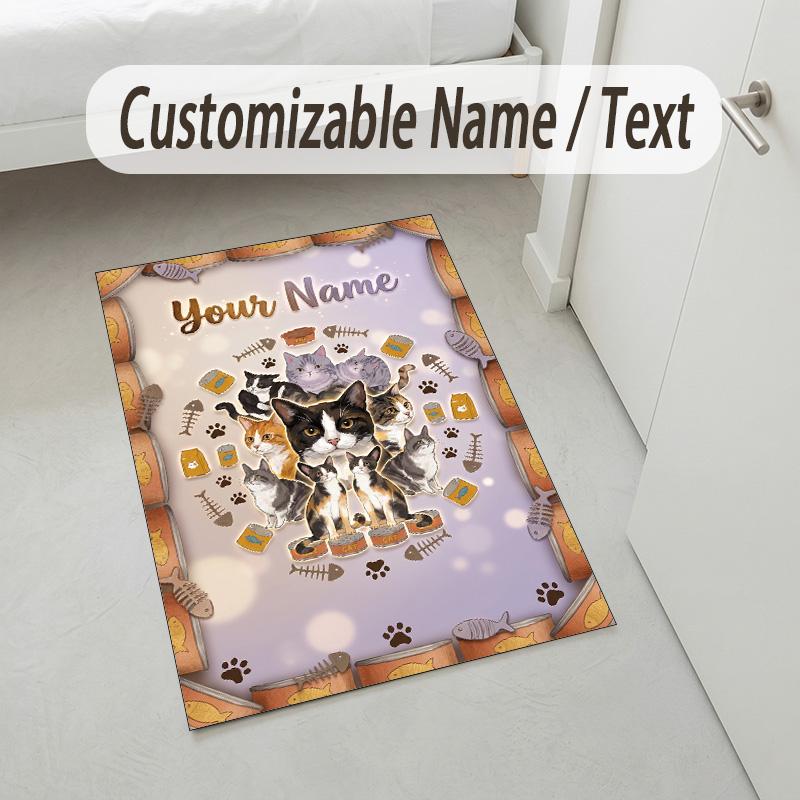 Cat Theme Crystal Velvet Rug Personalized Custom Name Text Soft Floor Mat Home Decor