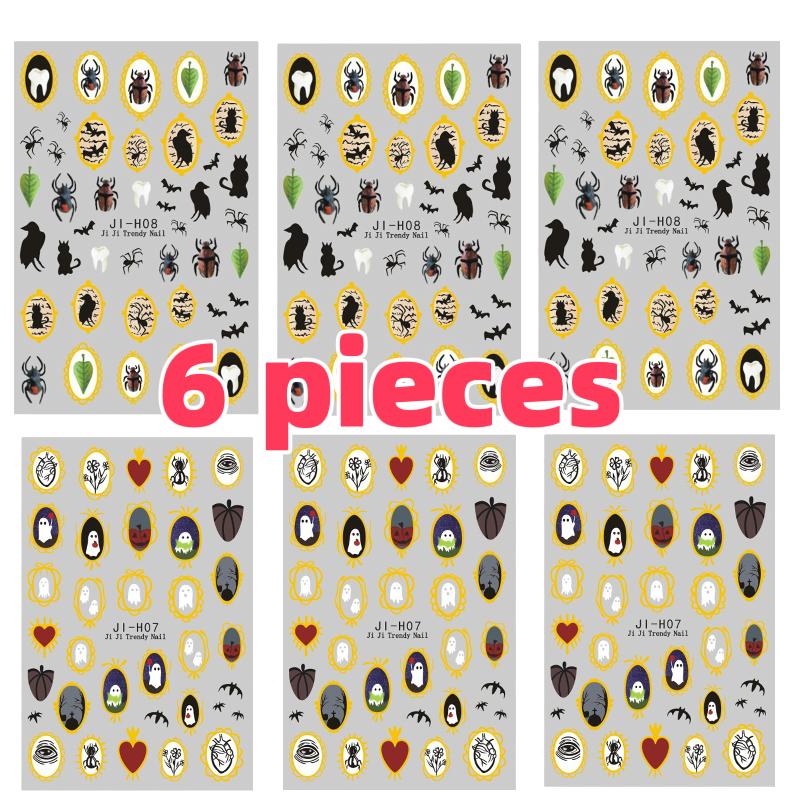 

6 штук новых наклеек для ногтей на Хэллоуин с дизайном с золотым краем и эффектом фольги, мультяшные привидения, паук и зимние аксессуары для украшения ногтей