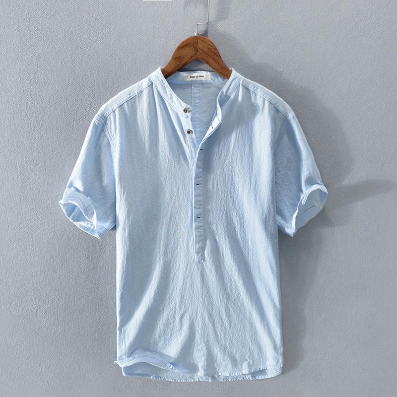 Spring and Summer Men's Cotton and Linen Wrinkled Linen Short-sleeved Shirt