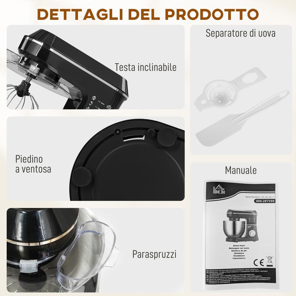 1400W Stand Mixer with 7L Bowl and 6 Speeds, Dough Hook, Whisk and Beater, Black