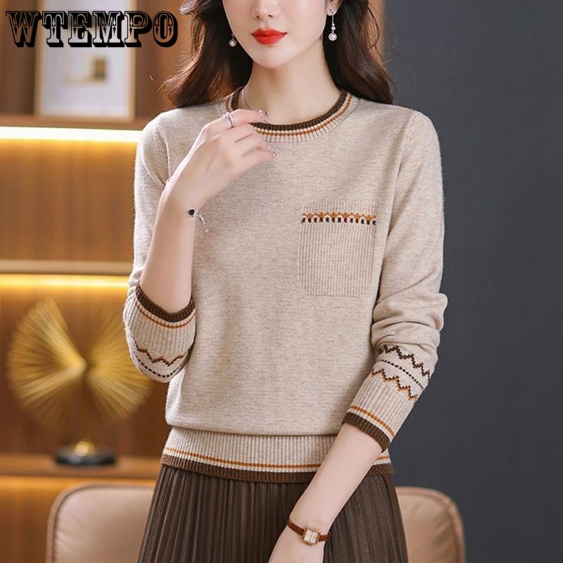 Color-blocked Round-neck Knitted Sweater for Women In Winter Casual Long-sleeved Sweater and Fashionable Loose Pullover