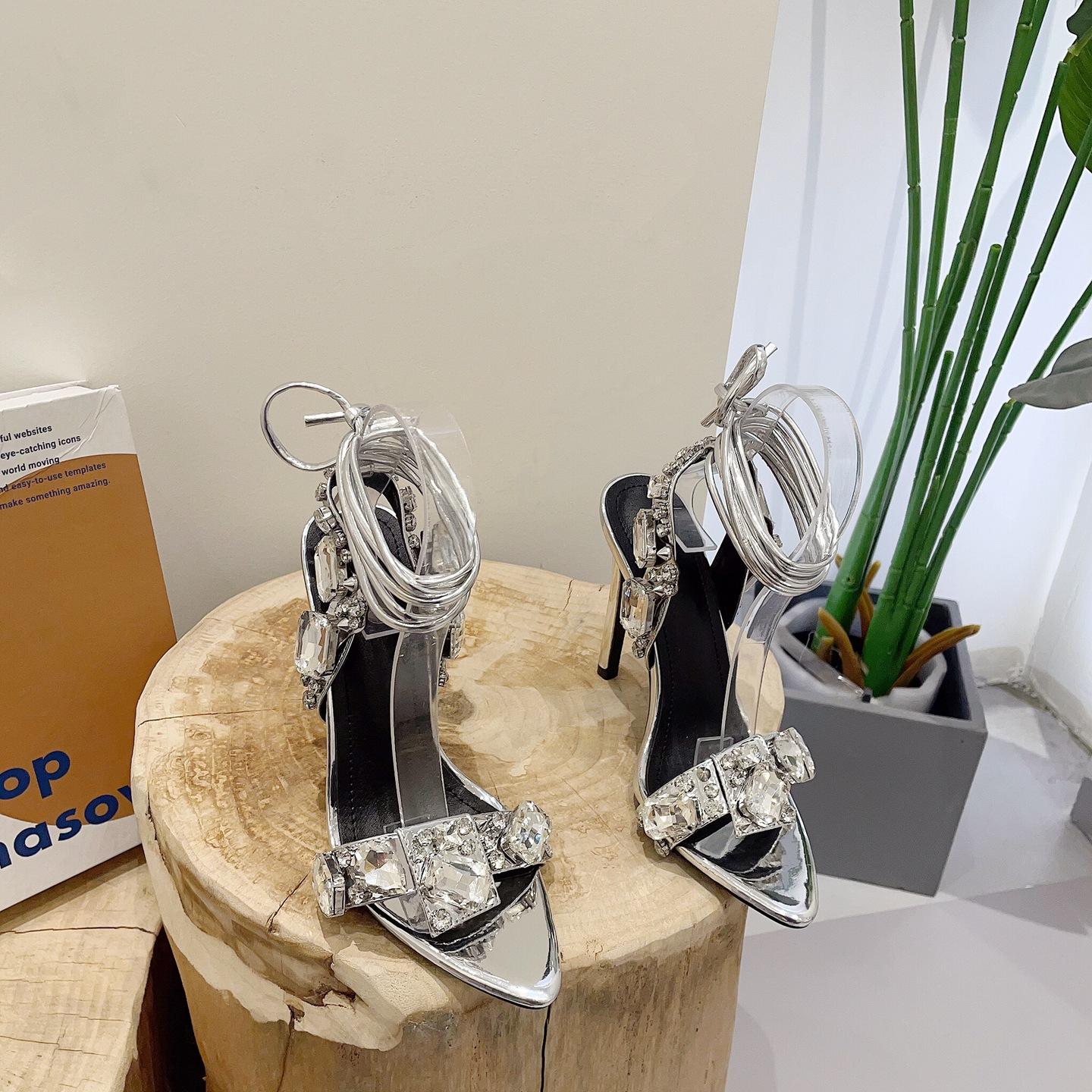 

Роскошные блестящие свадебные туфли на каблуке со стразами, женские туфли-лодочки с перекрестными ремешками, летние роскошные туфли для вечеринок, сексуальные босоножки с открытым носком и острым носком 37