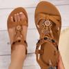 Bohemian Style Women's Flat Sandals Summer Comfortable Non Slip Beach Shoes Woman Vintage Beaded Flower Decor Gladiator Sandals