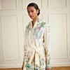 French Retro Floral Lapel Long-sleeved Lace-up Waist Holiday Wind Flower and Bird Pattern Temperament Thin Dress