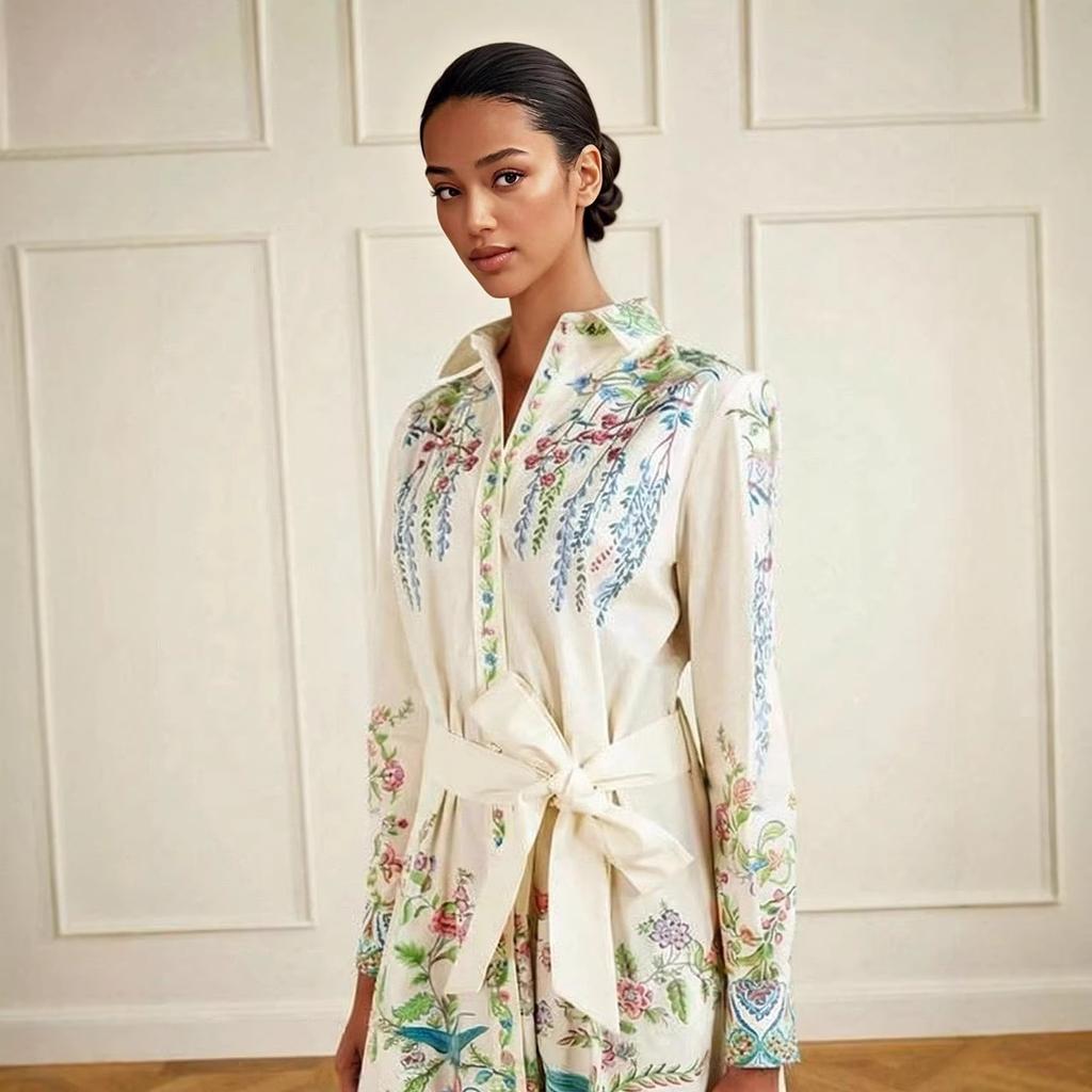 French Retro Floral Lapel Long-sleeved Lace-up Waist Holiday Wind Flower and Bird Pattern Temperament Thin Dress