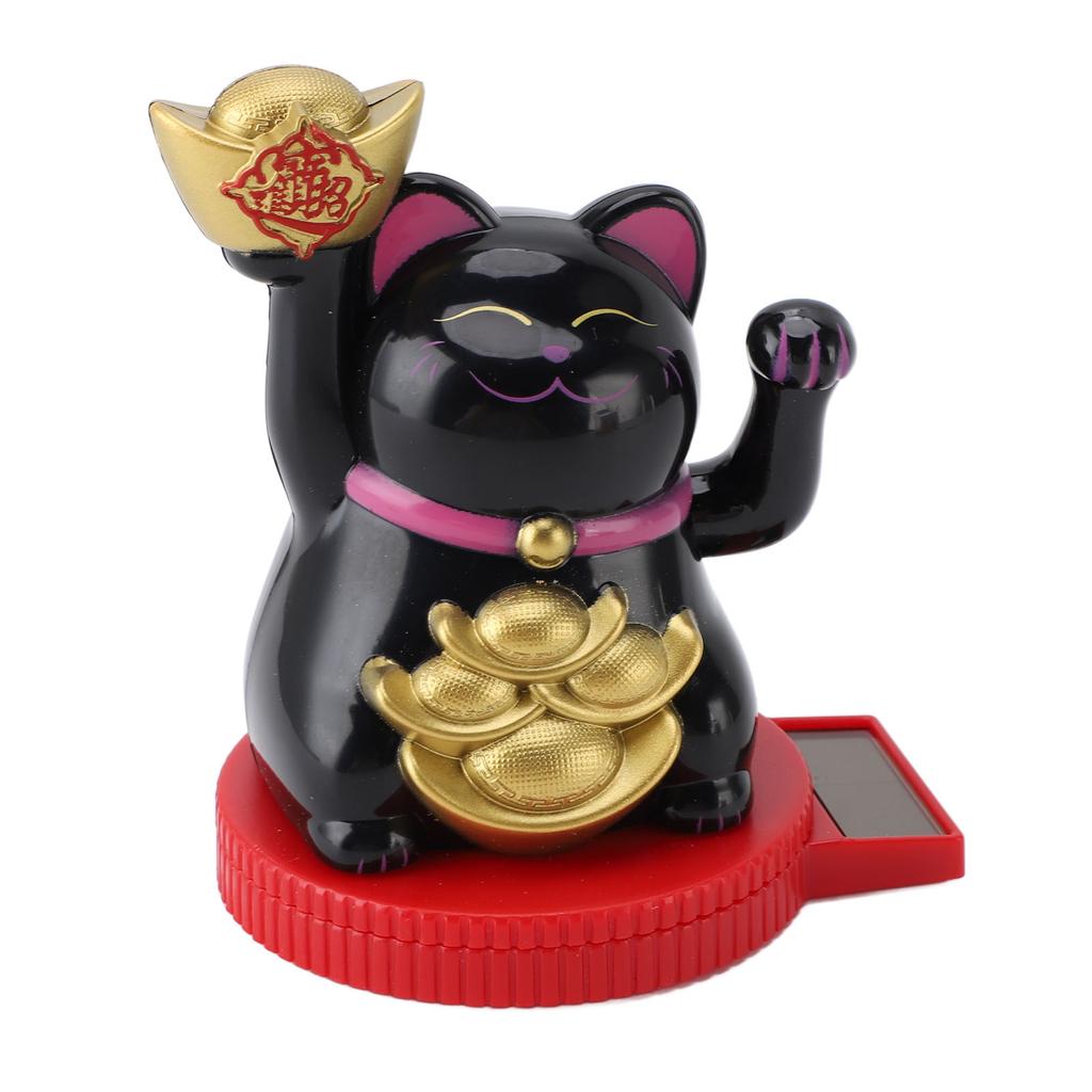Solar Powered Lucky Cat Rotating Base Fortune Cat Statue for Car Dashboard Checkstand Desktop Decoration Black