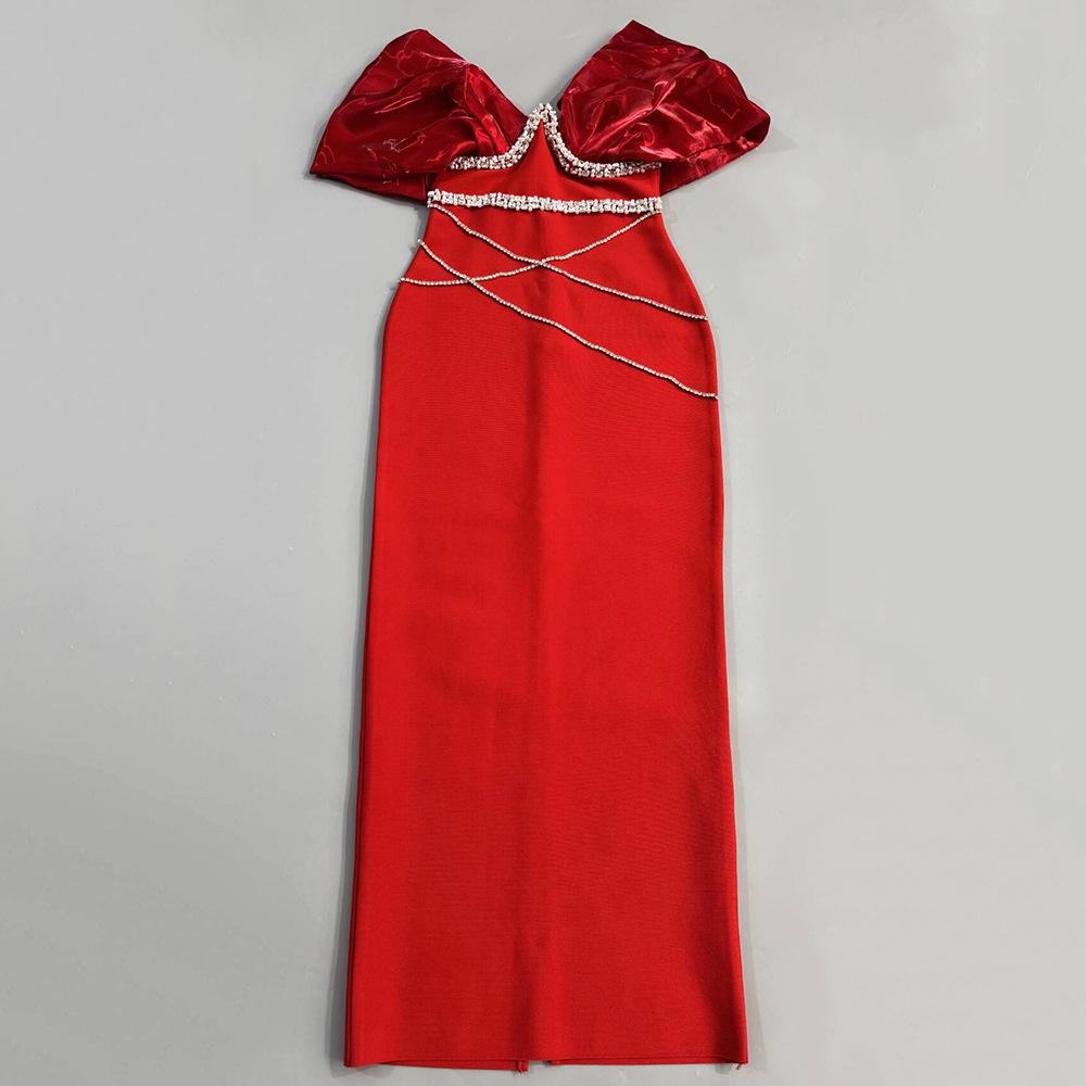 European & American Handmade Rhinestone V-Neck Bandage Patchwork Party Gown