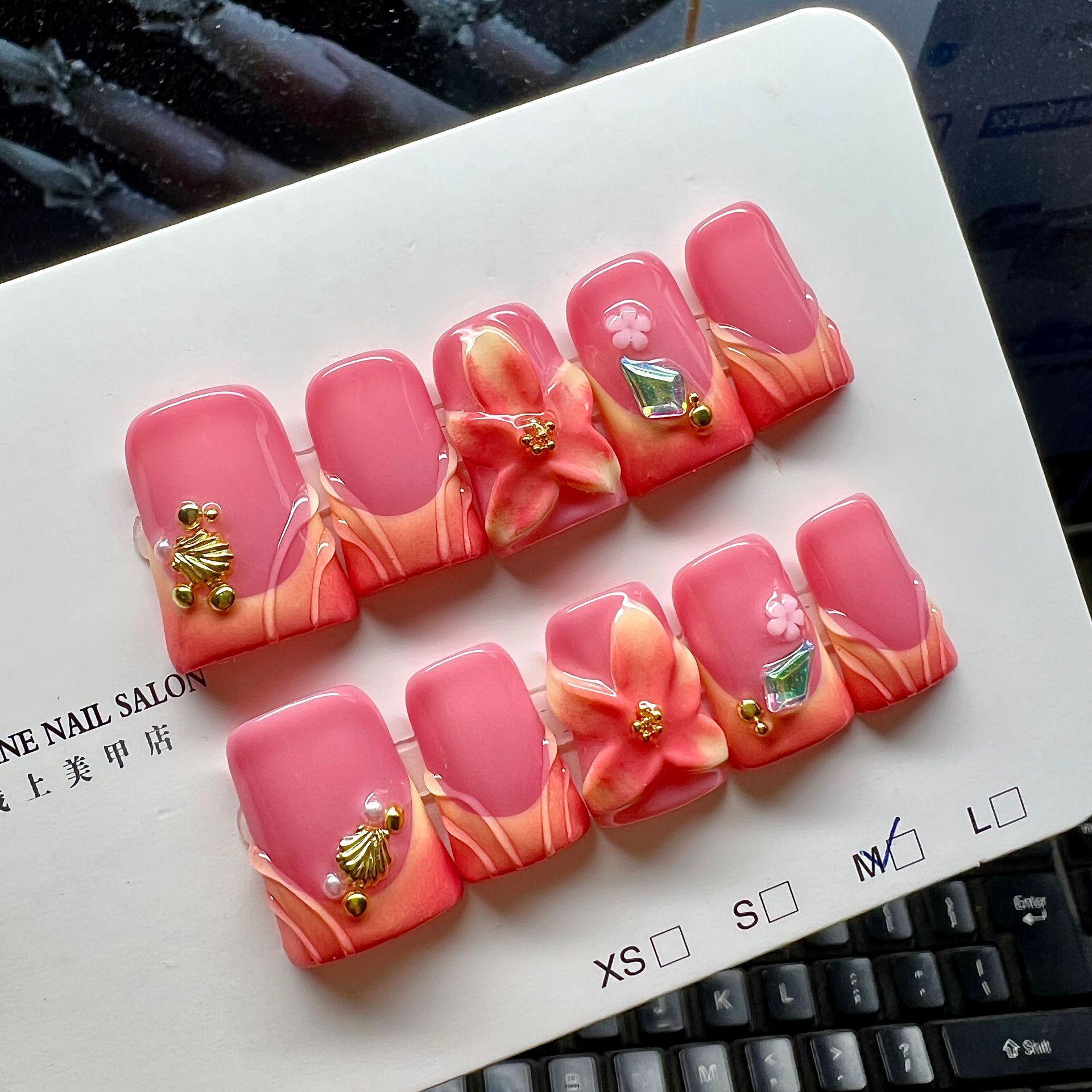 European Style Pink Gradient 3D Flower Nail Tips - Handcrafted Wearable Nails
