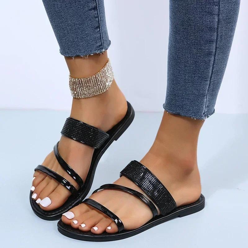 2025 New Shiny Rhinestone Fashion Womens Slippers Outdoor Womens Flat Roman Slippers Shoes Casual Beach Crystal Slippers Zapatos
