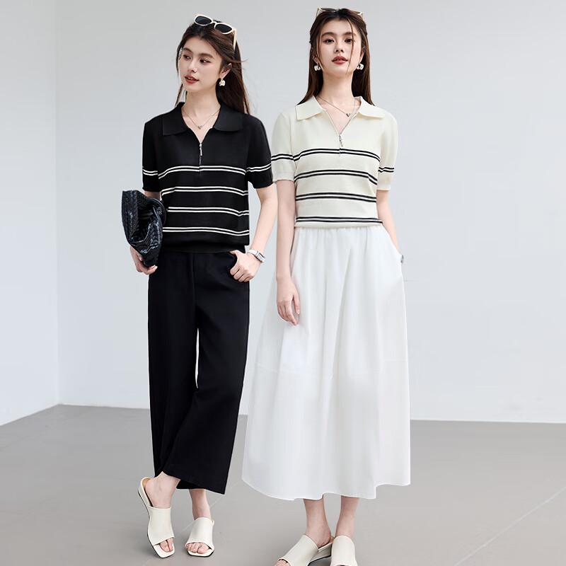 VICTORIA&VERA Women's Striped Zipper Polo Knit Top