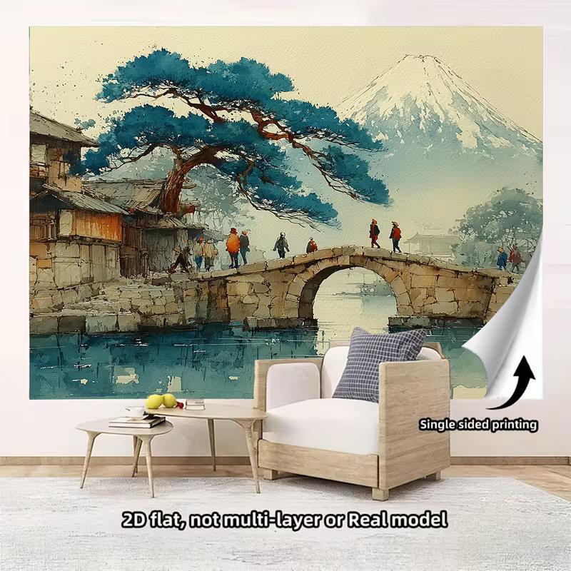 

2D Aesthetic Fuji Mountain Tapestry, Traditional Japanese Bridge Scene Decor 47.2x31.5inch/120*80cm