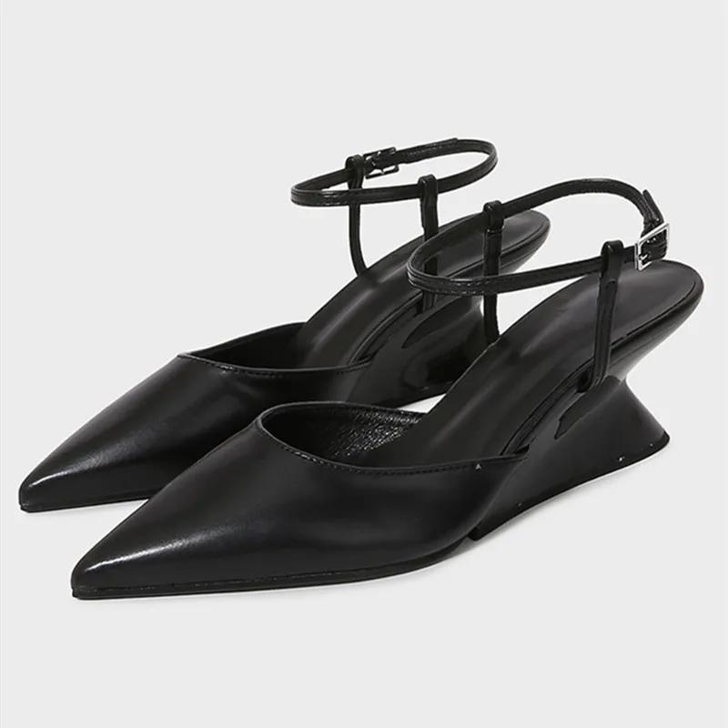 Concise White Wedge Heeled Sandals Women Sexy Pointed Toe Ankle Strap Buckle Mules High Heels Summer Designer Shoes for Women