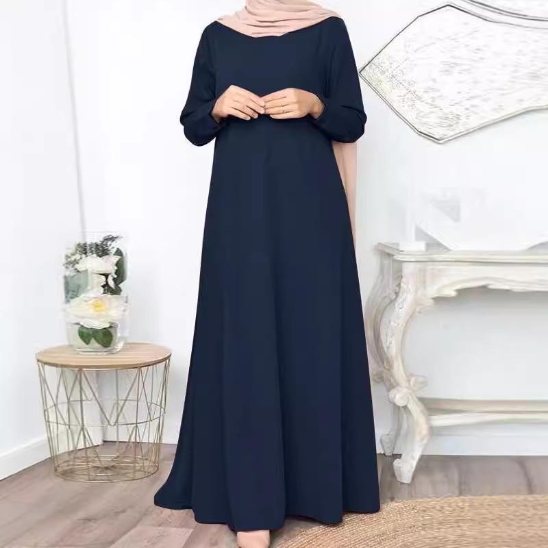 Elegant Solid Color Maxi Dress for Muslim Women – Long Sleeve, Casual & Comfortable