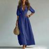 Women Deep V Neck Maxi Dress with Five Quarter Sleeves Button Down Front Elegant Casual Long Dress Flowy Fit for Daily Wear