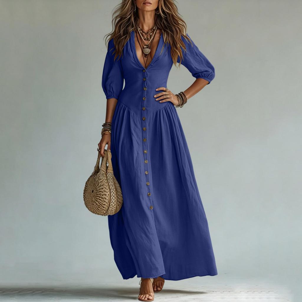 Women Deep V Neck Maxi Dress with Five Quarter Sleeves Button Down Front Elegant Casual Long Dress Flowy Fit for Daily Wear