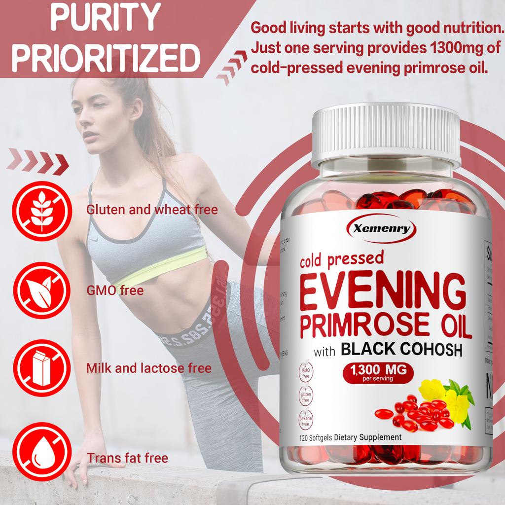 Evening Primrose Oil 1300mg Per Serving, Enhanced with 40mg Black Cohosh Extract, Cold Pressed – 10% Active GLA, Non-GMO, No Gluten