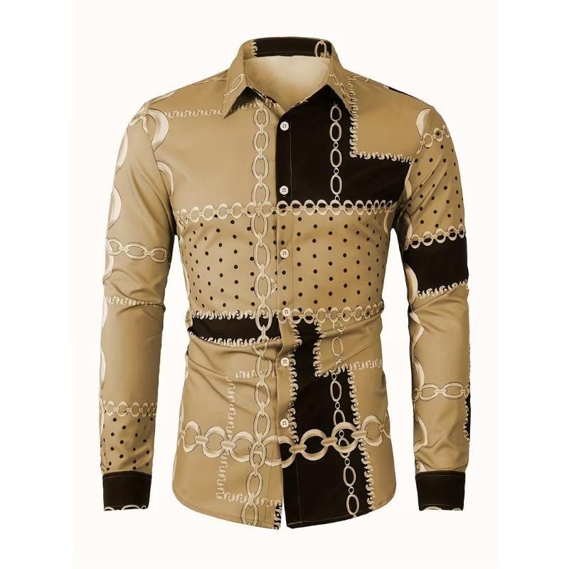 Spring Autumn New Men Long Sleeve 100% Polyester Shirt Tops Chain Pattern 3D Digital Print Business Casual Shirt