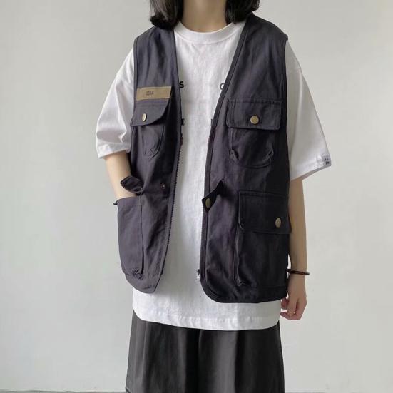 Unisex ležérní vesta bez rukávů s mnoha kapsami design vesta kabát zip knoflíky zapínání bunda cargo
