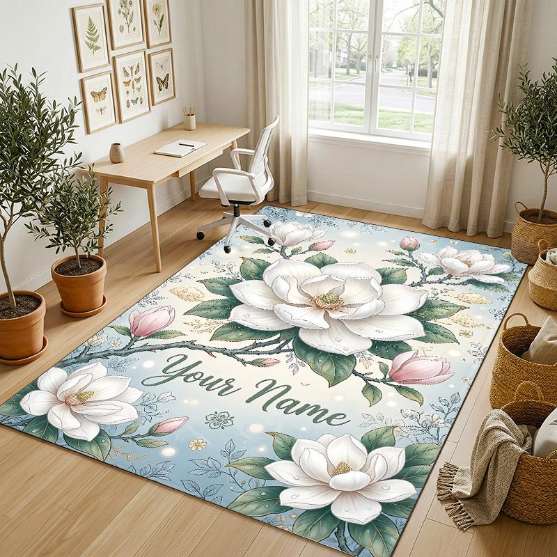Floral Elegance Theme Soft Crystal Velvet Rug Custom Name & Text Print Non Slip Floor Rug for Bedroom Living Room