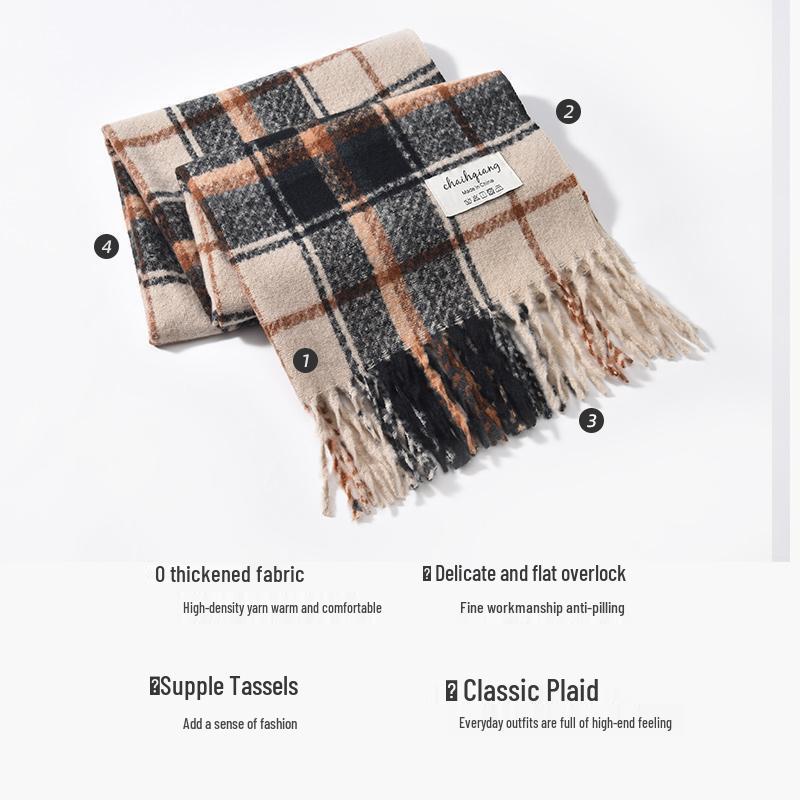 Women's Winter Christmas Plaid Scarf - Korean Fashion, Thick Warm Imitation Cashmere Shawl with Tassels