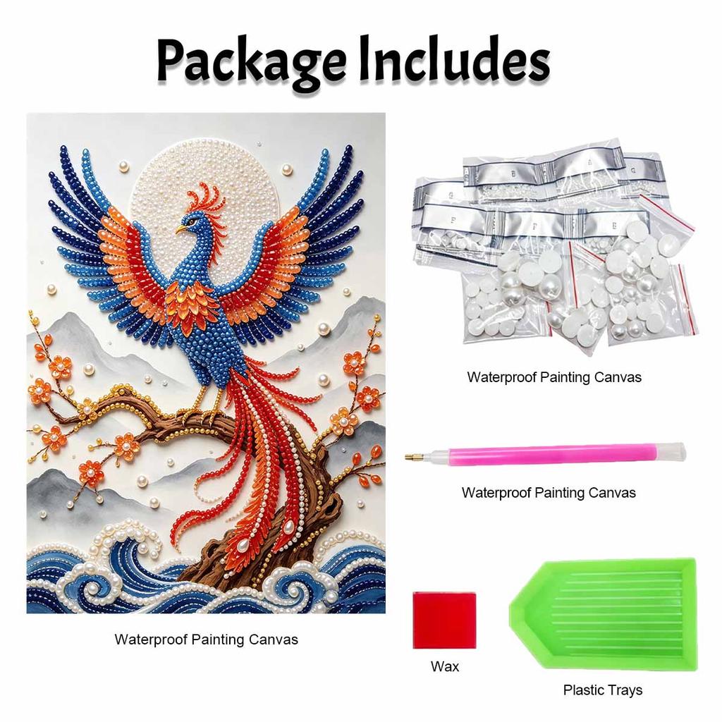 DIY Framed Pearl Painting Kit Phoenix Bird Motif 3D Sparkling Bead Art Canvas Ready to Display Home Decor Gift Craft Projects Wall Art Decoration