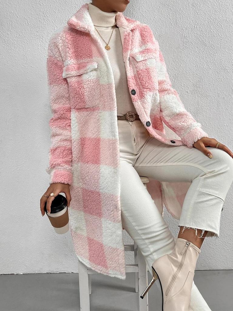 Autumn and Winter Buttoned Lapel Plush Plaid Skirt Loose Temperament Commuting Long Coat Women