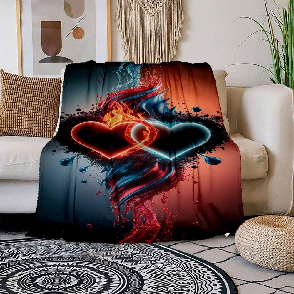 Love in Flames: Heart-Shaped Watercolor Art Print Blanket Flannel Throw Blanket for Sofa, Bed, Travel, Camping, Office 100x150cm