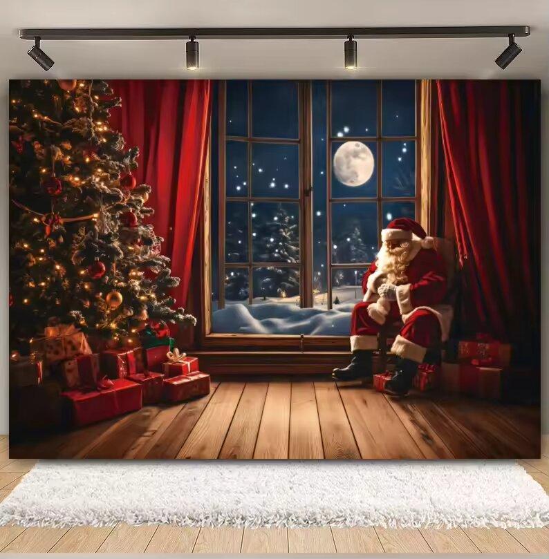 Christmas Window Santa Claus Backdrops Winter Christmas Tree Curtains Moon Night Lights Xmas Eve New Year Photography Background