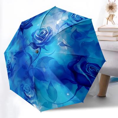 1pc Blue Rose Pattern Automatic Folding Umbrella - 8-Rib Durable Iron Frame, Compact Portable for Daily Travel Yy251205080
