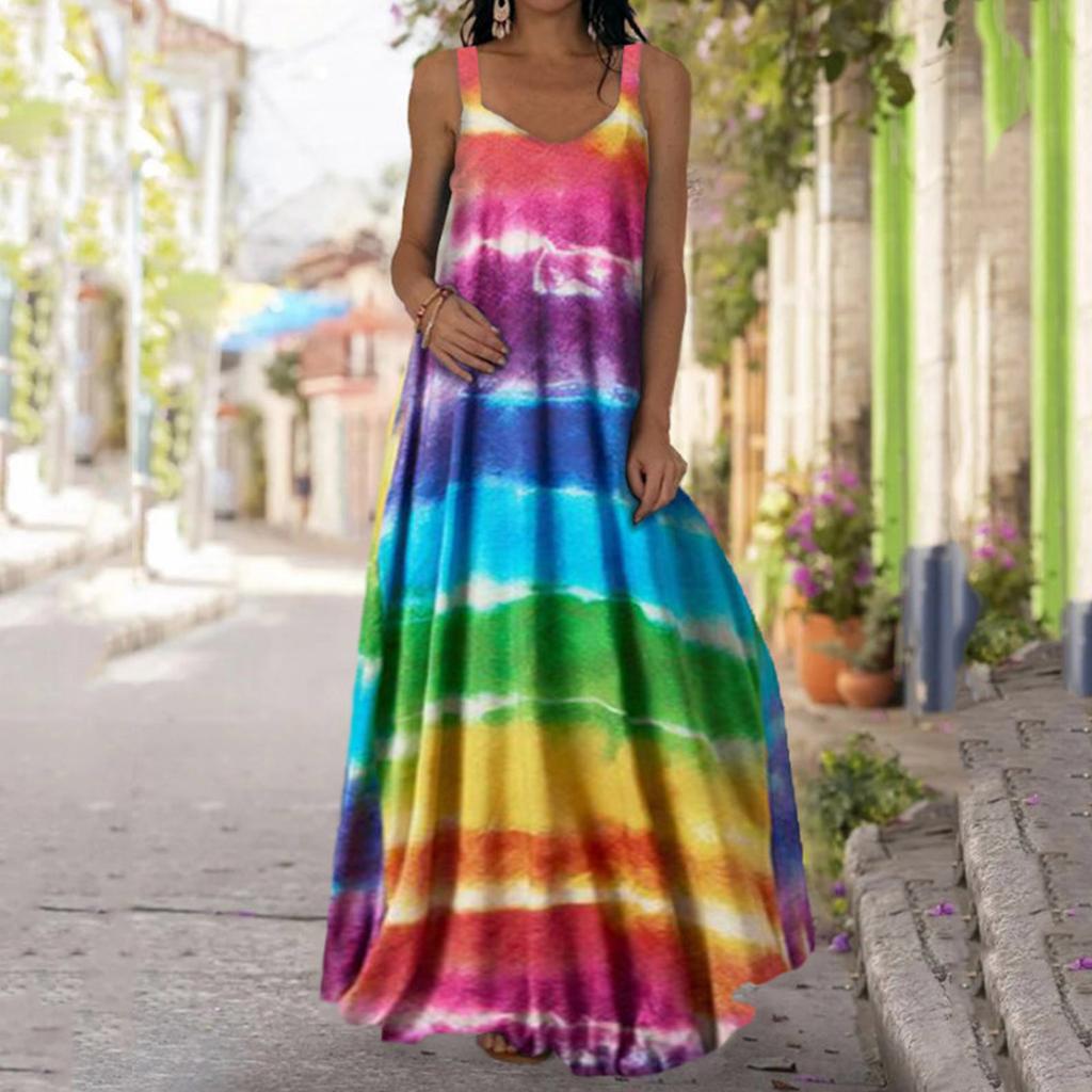 Women's Casual Maxi Dress Print V Neck Sleeveless Cami Dress with Pockets