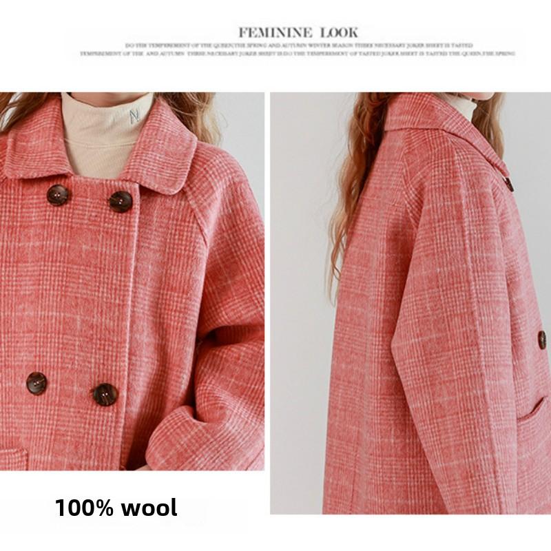 Girls Double-faced Wool Plaid Coat Autumn and Winter Coat Full Wool Thick Medium Length
